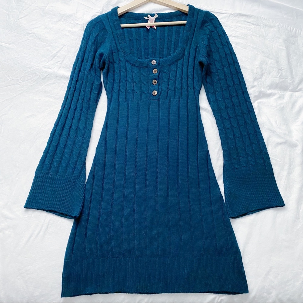 Boho Cottagecore Knit Flared Sleeve Square Neck Dark Teal Dress
